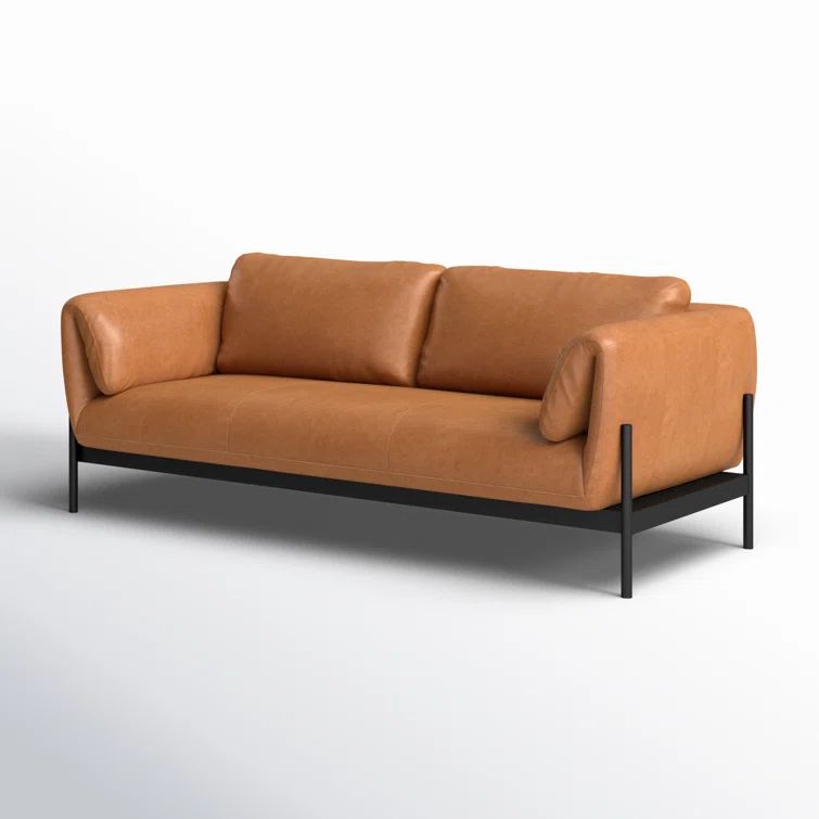 Contemporary Heritage Camel 88.5" Leather Sofa with Matte Iron Base