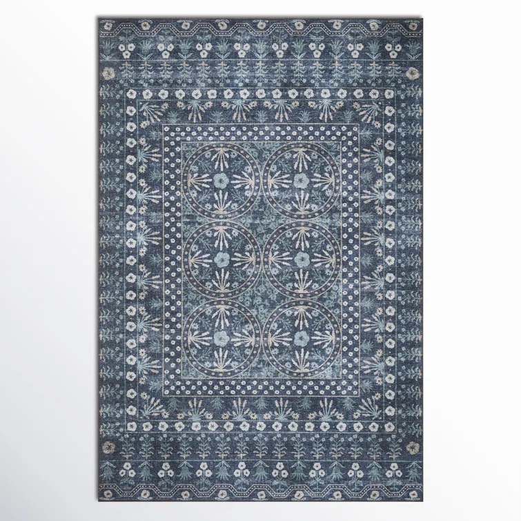 Rosette Blue Flat Woven Wool Synthetic Area Rug
