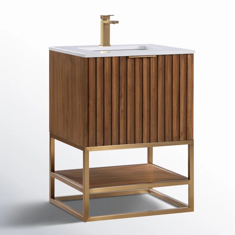 Terra Walnut 24'' Freestanding Bathroom Vanity with Satin Brass Frame