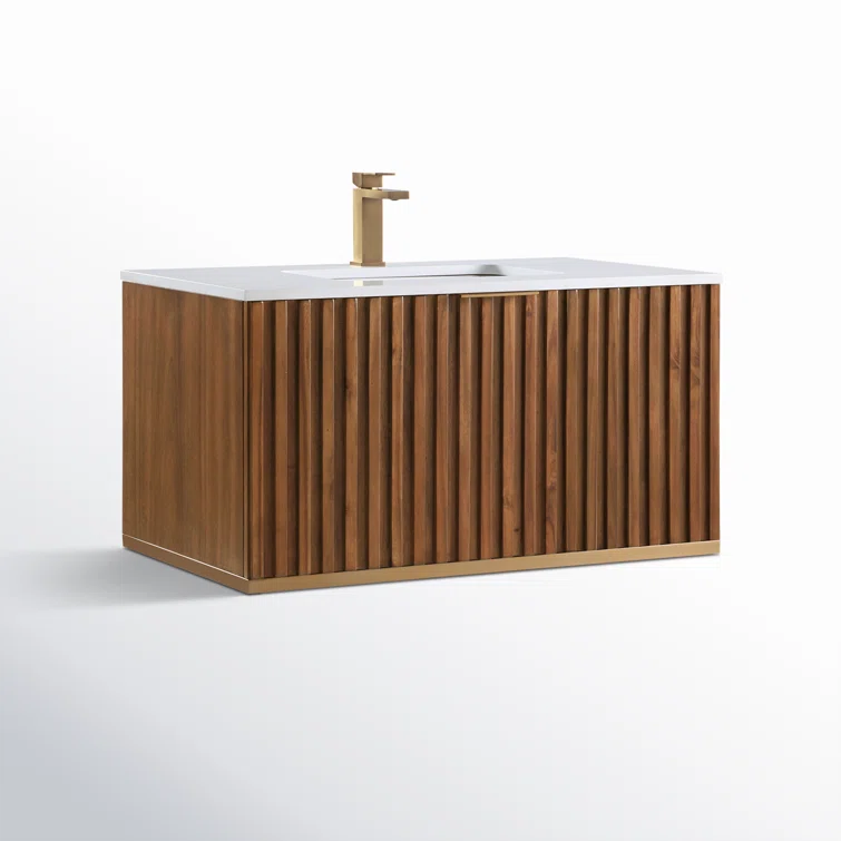 Terra 36" Walnut Wall-Mounted Single Sink Vanity with White Quartz