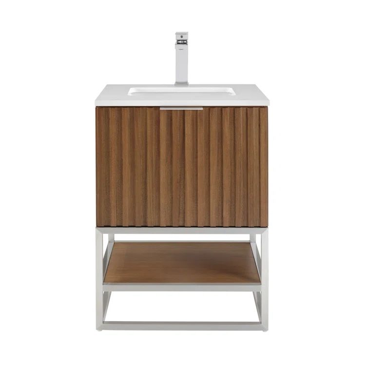 Walnut and White Quartz Single Bathroom Vanity with Brushed Nickel Hardware