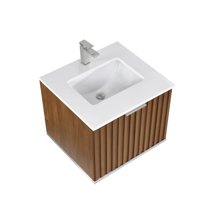 Walnut and White Quartz Wall-Mounted Single Bathroom Vanity