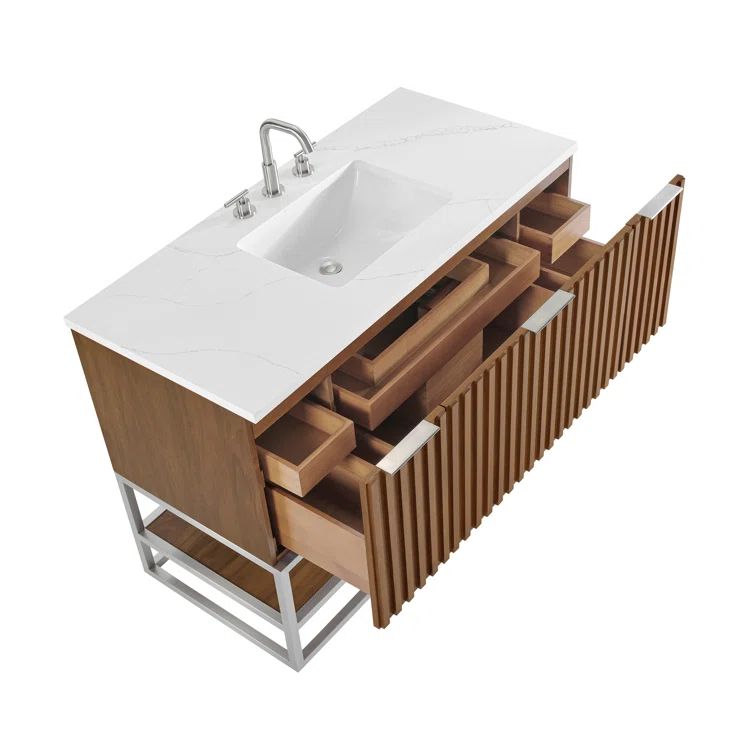 Walnut Single Bathroom Vanity with Calacatta Quartz Top