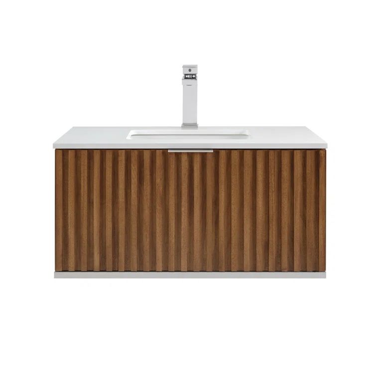 Walnut and White Quartz Single Wall-Mount Bathroom Vanity