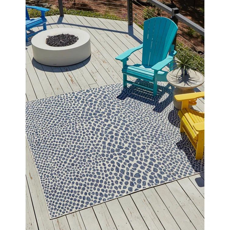 Blue and White Square Synthetic Outdoor Rug