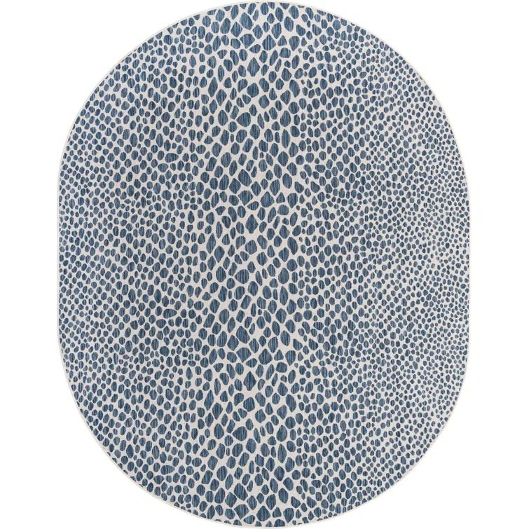 Blue Oval Synthetic Outdoor Rug with Pebble Pattern