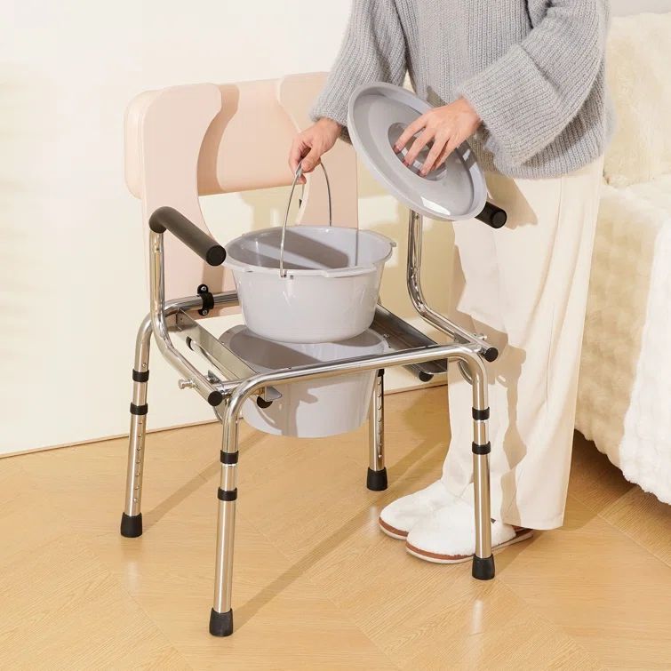 Adjustable Height White Steel Bedside Commode Chair