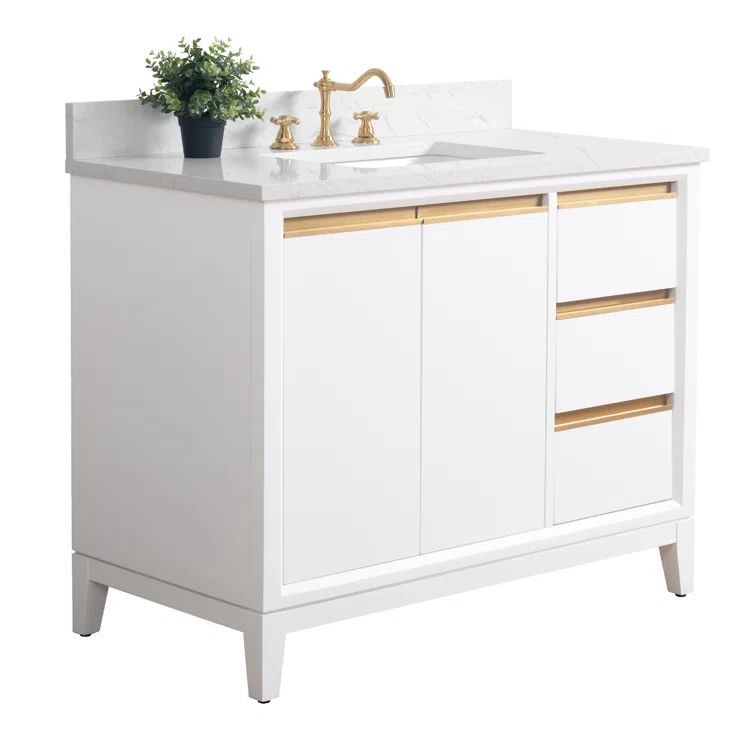 42" White MDF Freestanding Bathroom Vanity with Engineered Marble Top