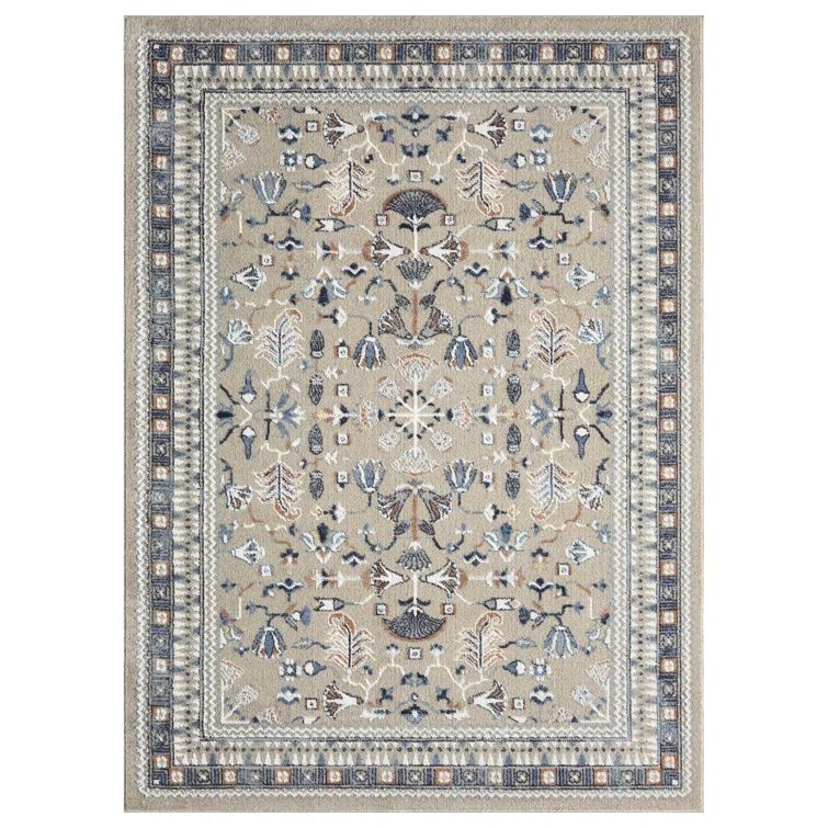 Blue and Beige Synthetic Washable Rectangular Area Rug