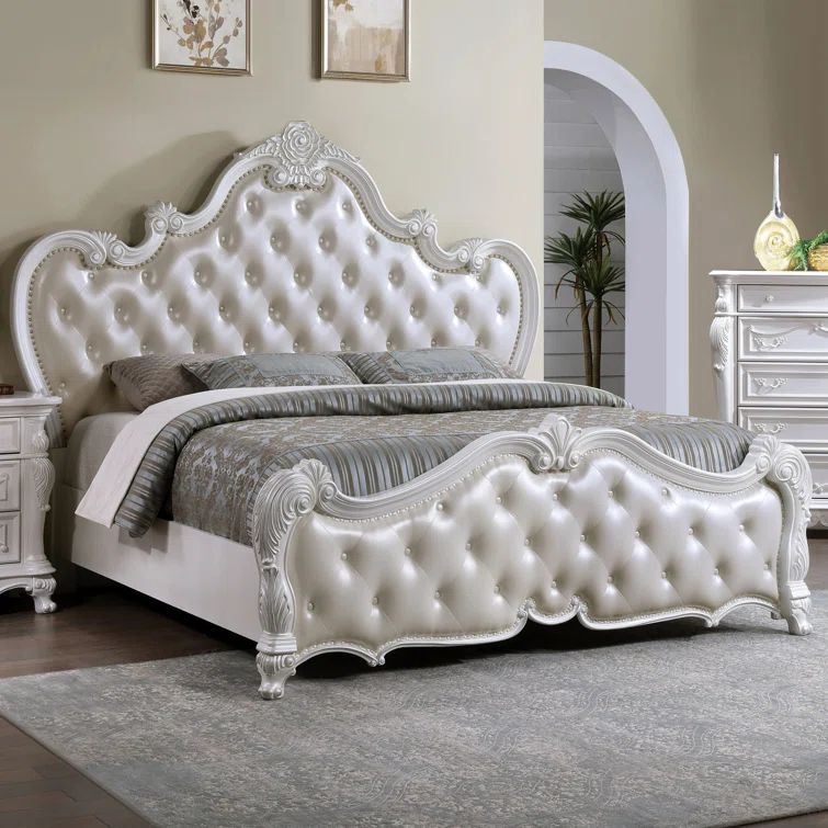 Queen White Faux Leather Upholstered Wood Frame Bed with Headboard