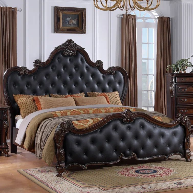 Queen Dark Brown Faux Leather Upholstered Bed with Tufted Headboard