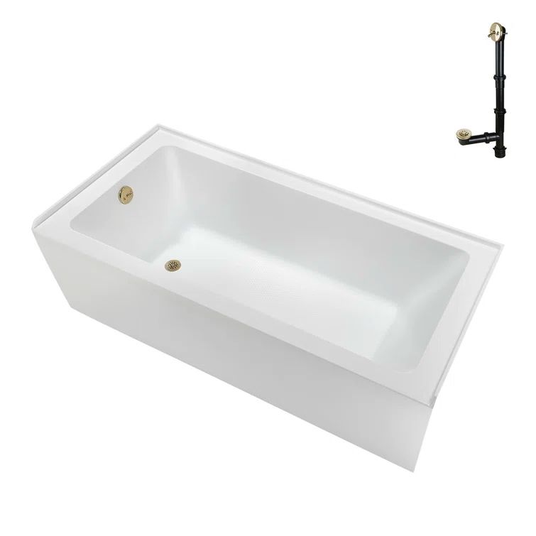 Glossy White Acrylic Rectangular Alcove Bathtub with Polished Brass Drain