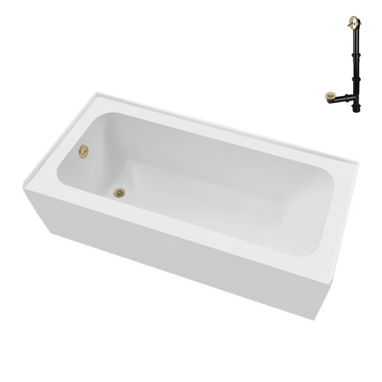 60-Inch Glossy White Acrylic Alcove Bathtub with Polished Brass Drain
