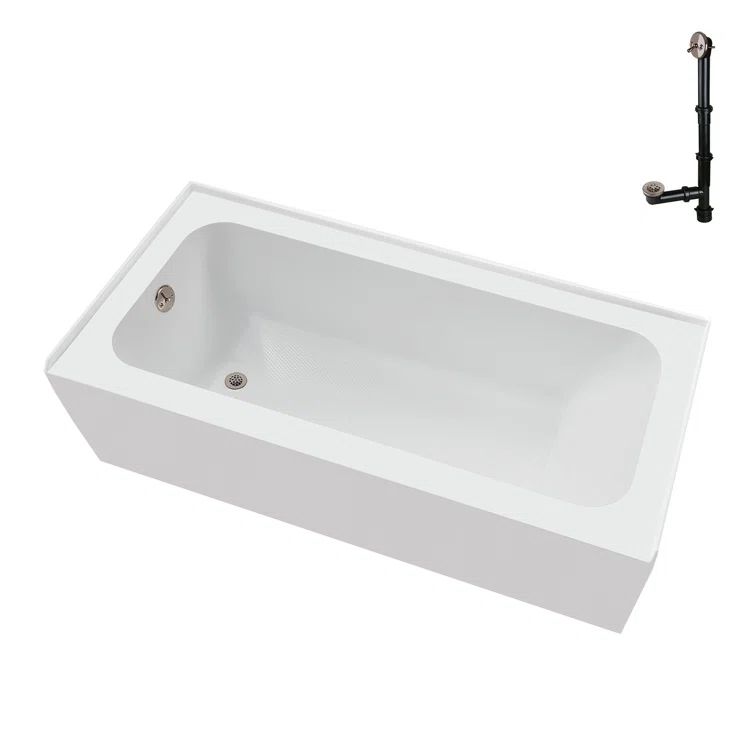 Glossy White Acrylic Rectangular Alcove Bathtub with Brushed Nickel Drain