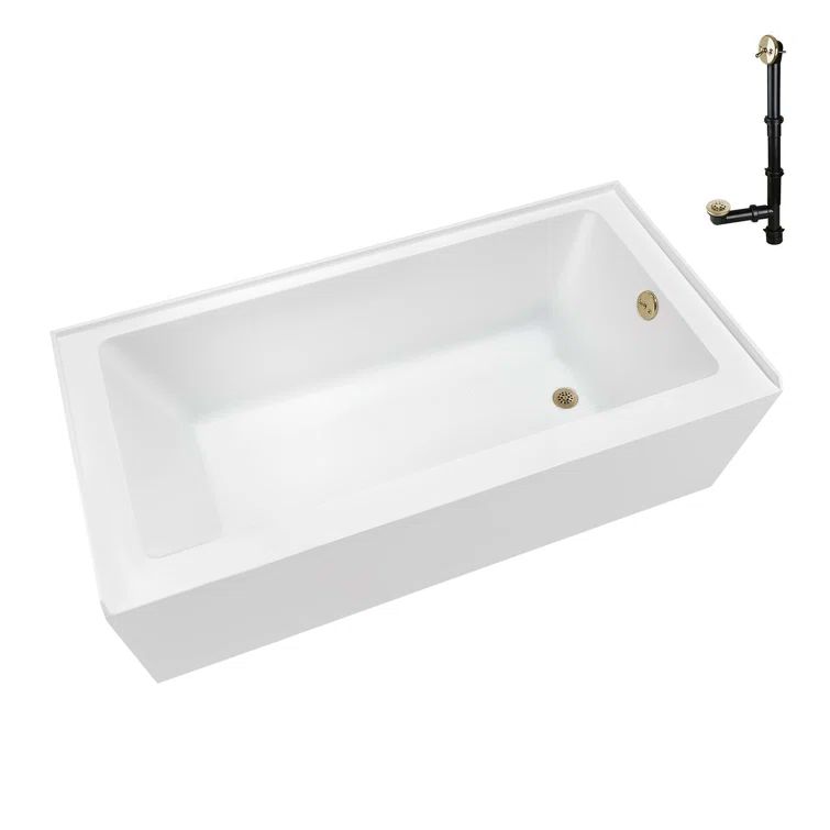 66-Inch Glossy White Acrylic Alcove Bathtub with Polished Brass Drain