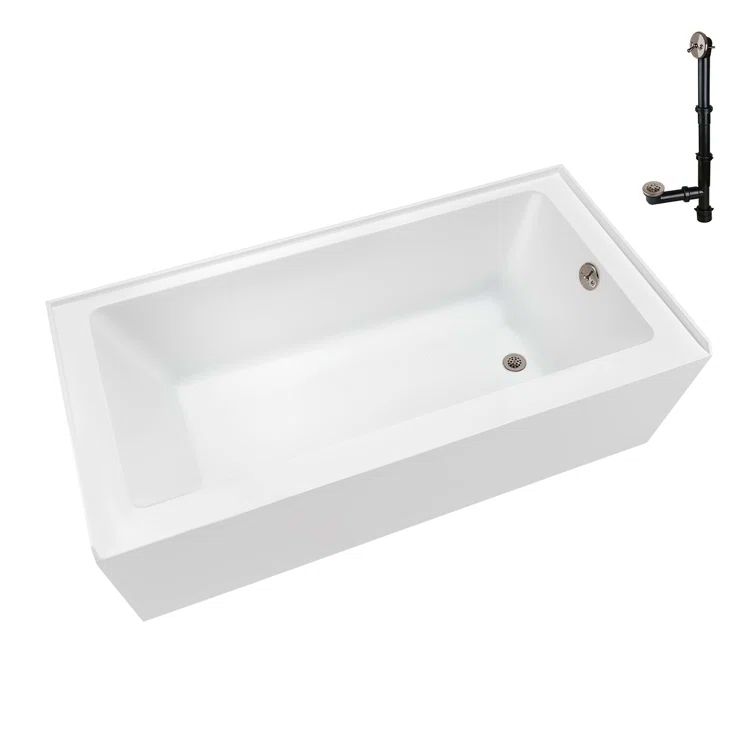 Glossy White Acrylic Right-Hand Drain Alcove Bathtub with Brushed Nickel External Drain