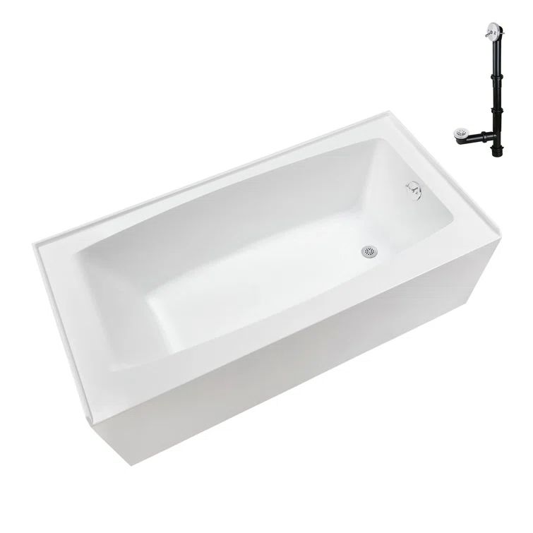 Glossy White Acrylic Rectangular Alcove Bathtub with Right-Hand Drain