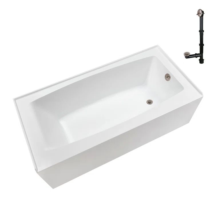 Glossy White Acrylic Right-Hand Drain Alcove Bathtub with Brushed Nickel External Drain