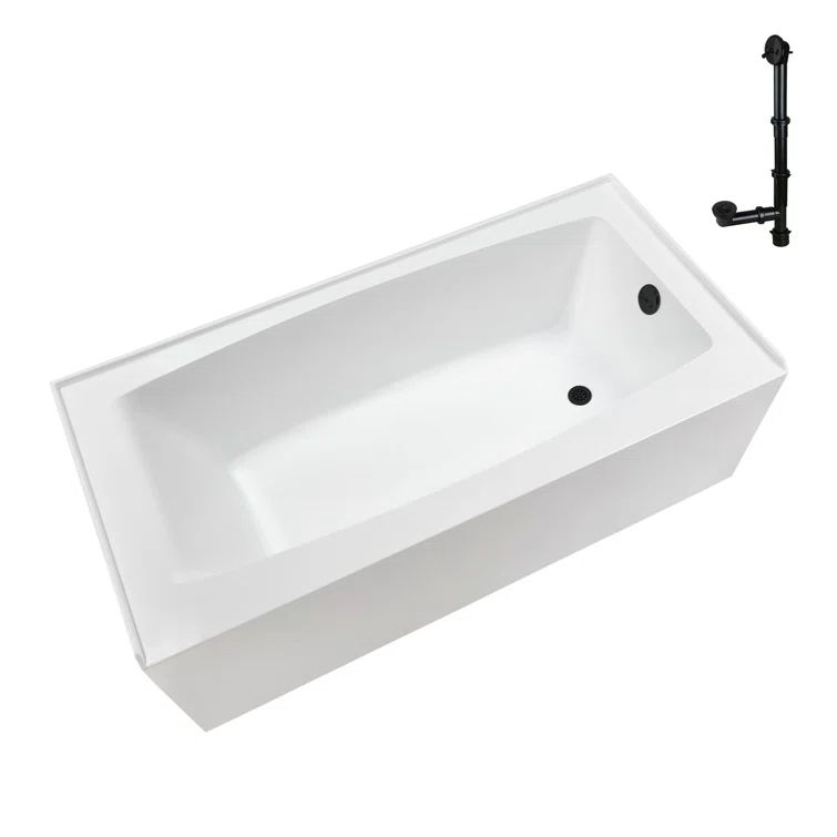 Glossy White Acrylic Alcove Bathtub with Matte Black Hardware, 60" x 30"
