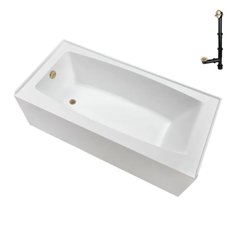 Glossy White Acrylic Rectangular Alcove Bathtub with Polished Brass Drain