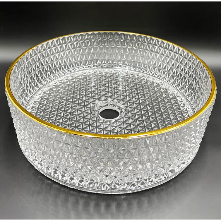 16" Clear and Gold Glass Circular Bathroom Vessel Sink