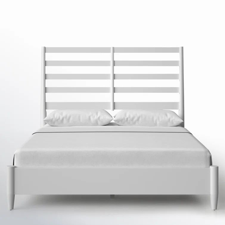 White Queen Wood Frame Bed with Slatted Headboard and Drawers