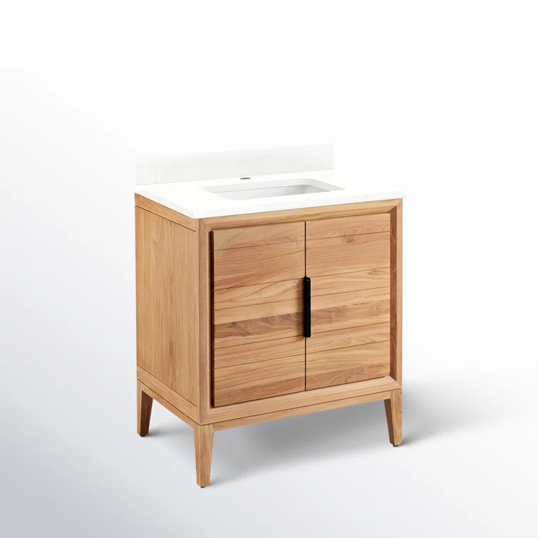 30" Natural Teak Single Bathroom Vanity with White Quartz Top