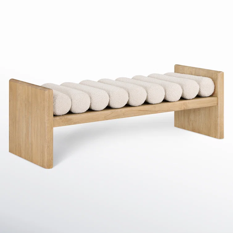 Cream Boucle Fabric and Wood H-Shaped Bench