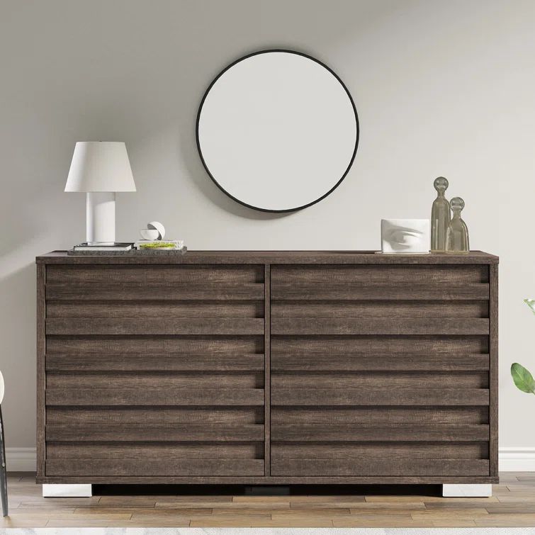 Rustic Gray Farmhouse Double Dresser with Slat Handles