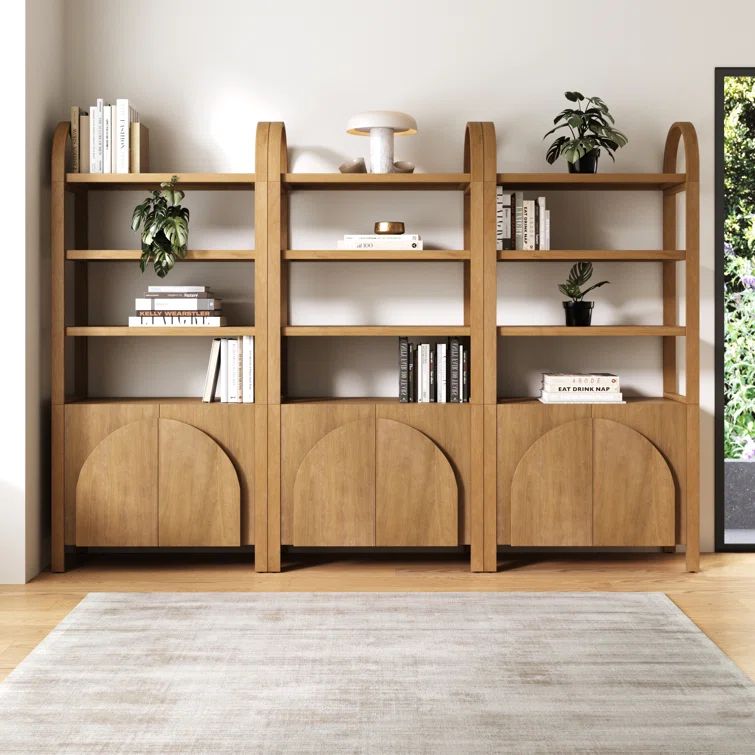 Light Brown Solid Wood 3-Tier Arched Bookshelf with Cabinet Base