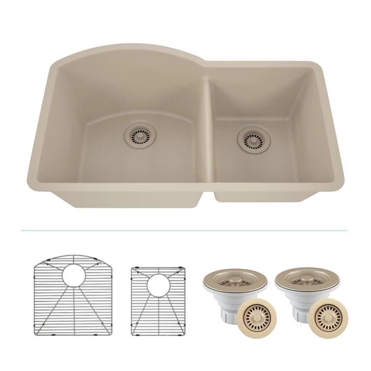 Beige Quartz Double Bowl Drop-in Kitchen Sink with Accessories