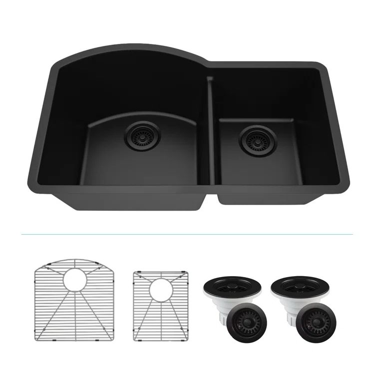 32" Black Quartz Double Bowl Drop-In Kitchen Sink with Steel Grids