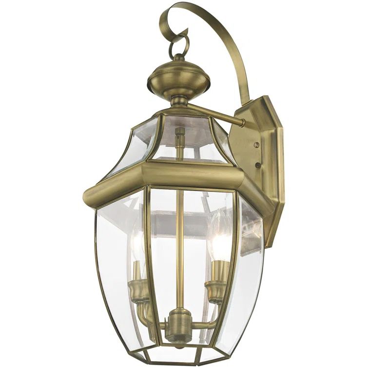Antique Brass 10.5in Colonial Outdoor Wall Lantern with Beveled Glass