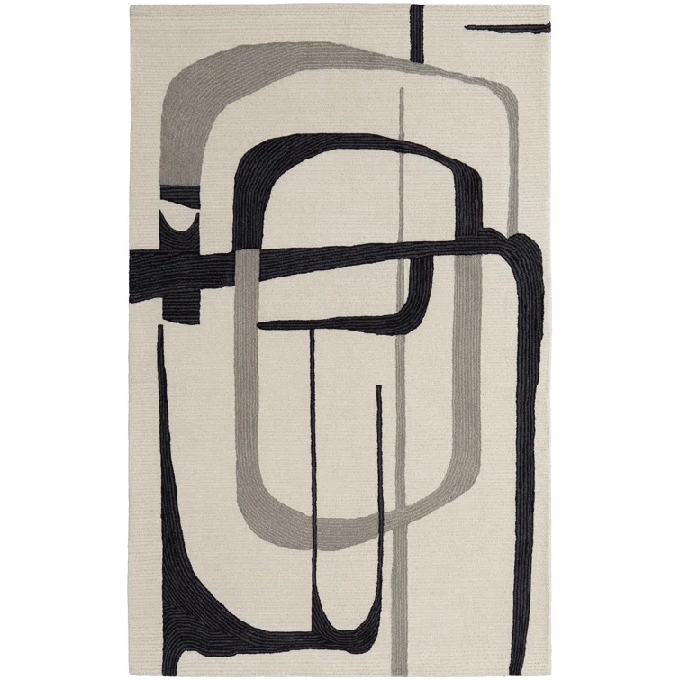 Handmade Black and Ivory Wool Abstract Rug, 8' x 10'