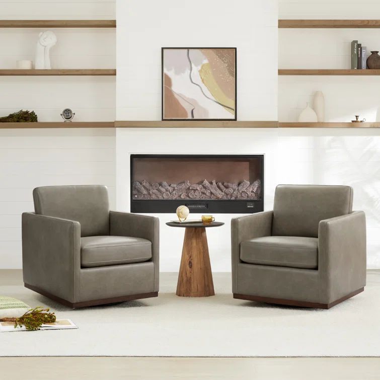 Light Gray Faux Leather Swivel Accent Chair Set with Wood Base