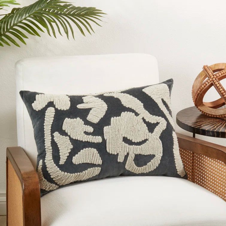 Luxe Embroidered Black and Beige Cotton Throw Pillow Cover