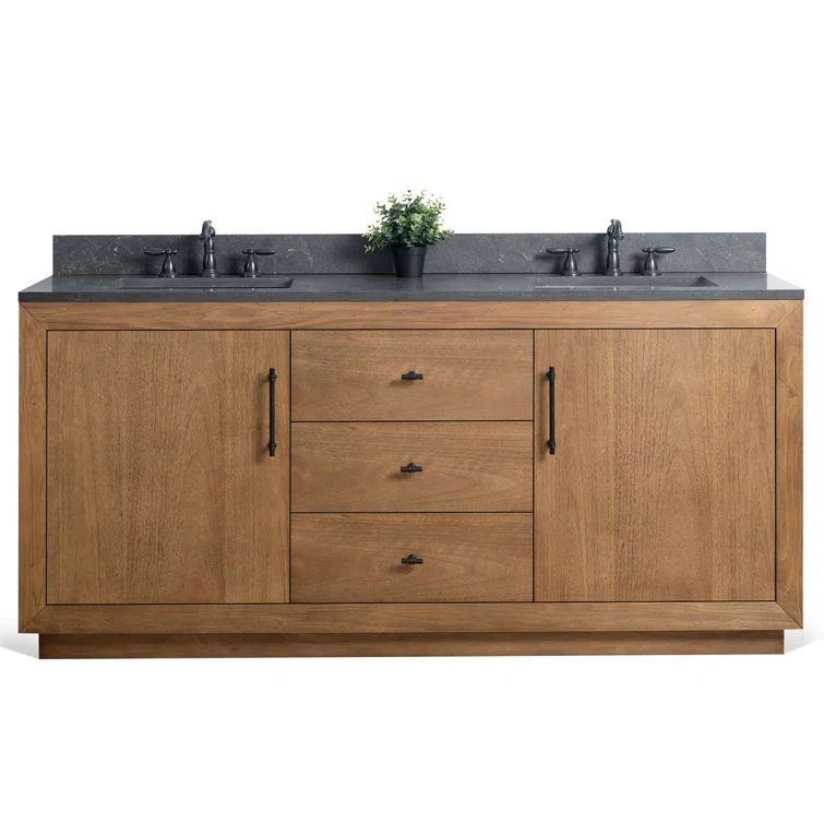 60" Tan Double Sink Bathroom Vanity with Black Limestone Top