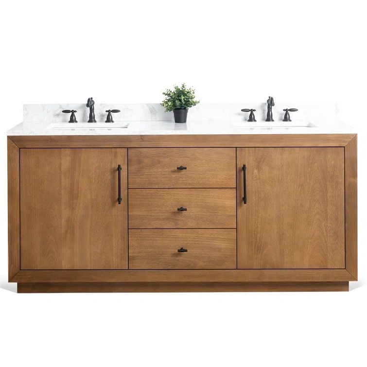 72" Tan Poplar Wood Double Sink Vanity with Arabescato White Marble Top