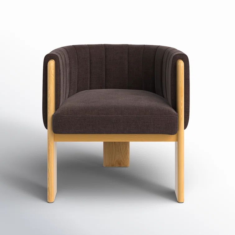 Brown Polyester and Natural Wood Barrel Chair