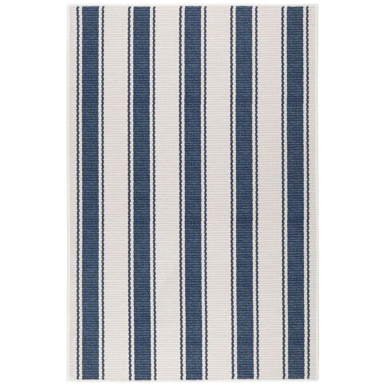 Blue and White Striped 4' x 6' Machine Washable Rug