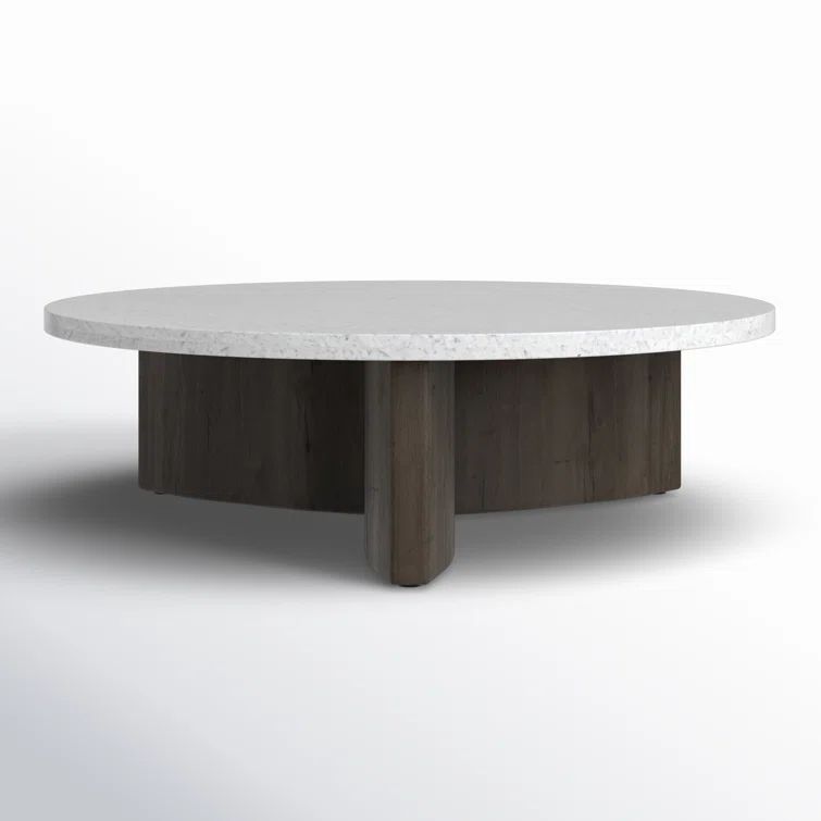 Italian White Stone Top Round Coffee Table with Smoked Black Oak Pedestal Base