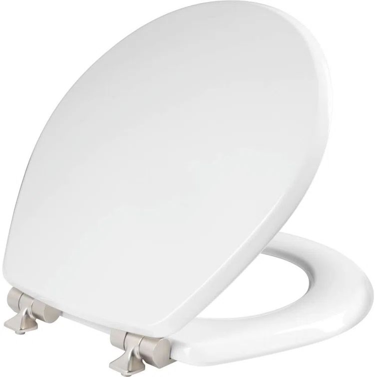 Elongated White Gloss Enameled Wood Toilet Seat with Chrome Hinges
