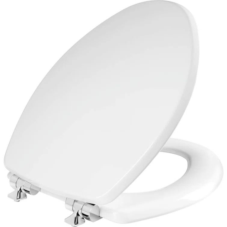 Elongated White Gloss Enameled Wood Toilet Seat with Chrome Hinges