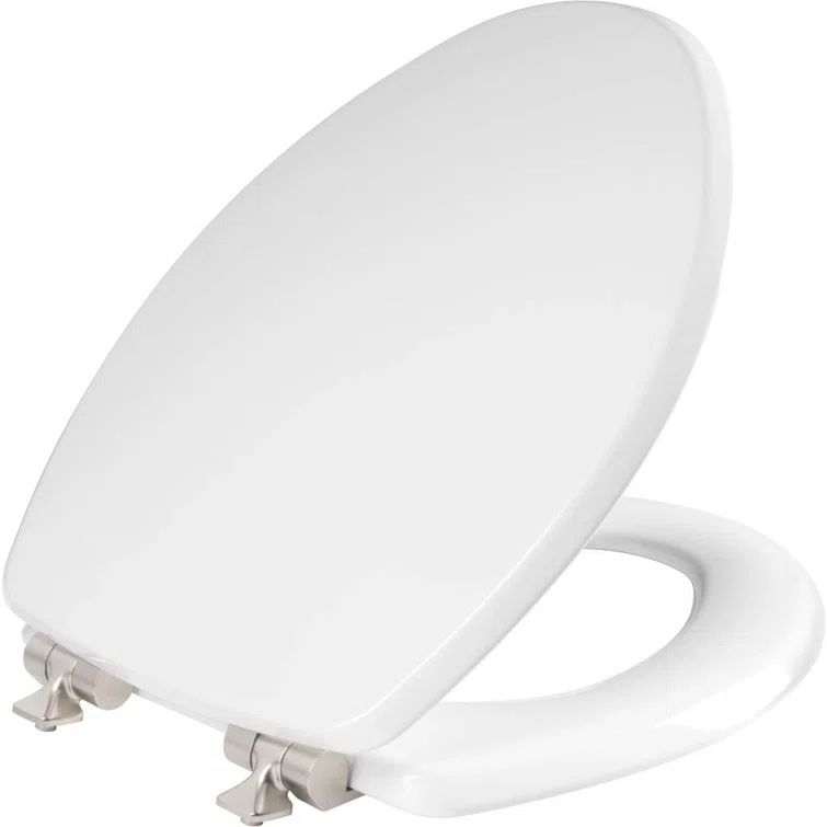 White Gloss Elongated Enameled Wood Toilet Seat with Brushed Nickel Hinges