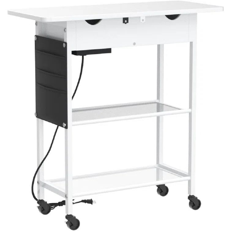 White Slim Rolling Side Table with USB Ports and Storage