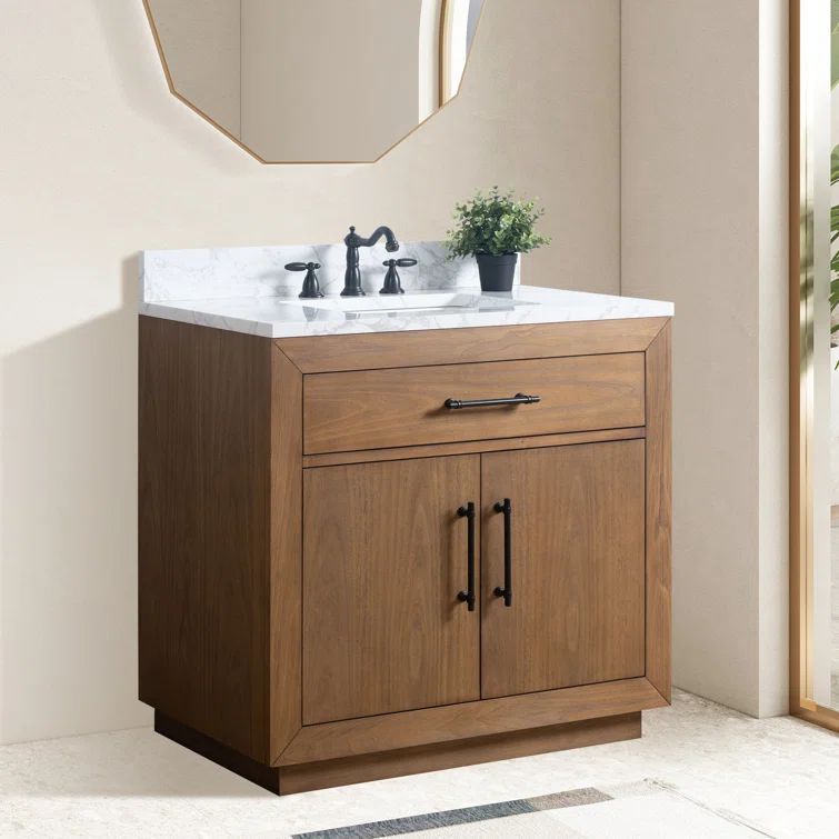 36" Tan Poplar Wood Bathroom Vanity with White Marble Top