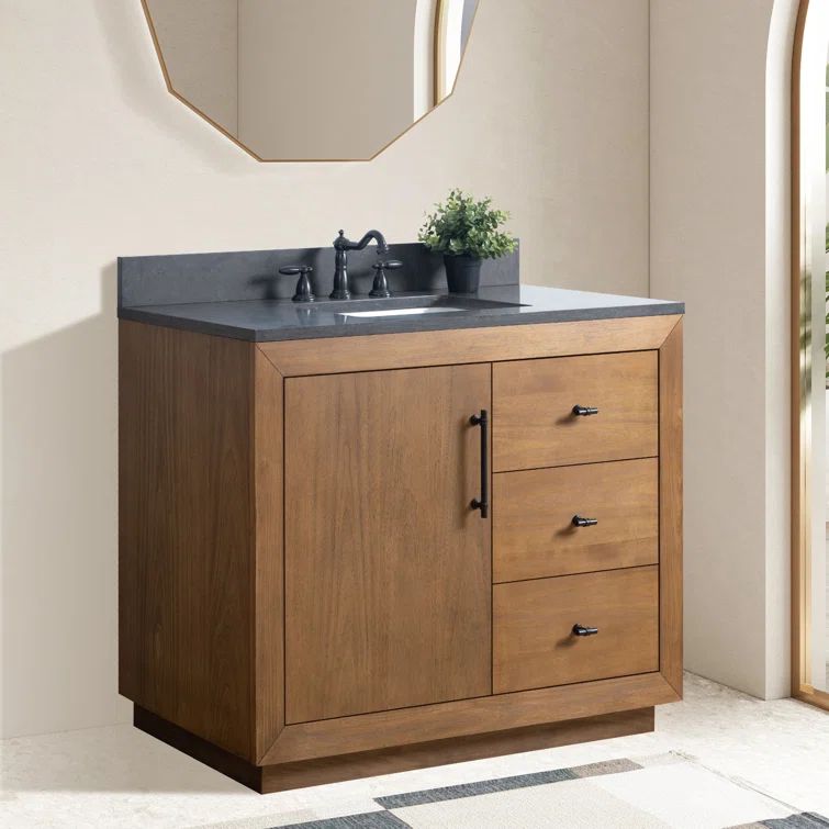 Tan 42" Single Bathroom Vanity with Black Limestone Top
