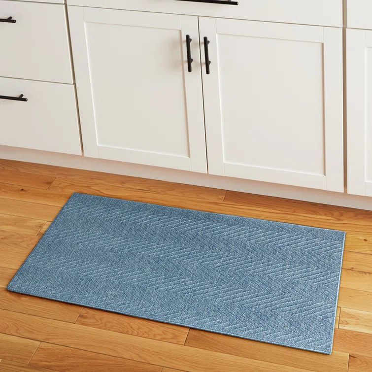Blue Herringbone Textured Washable Rectangular Area Rug