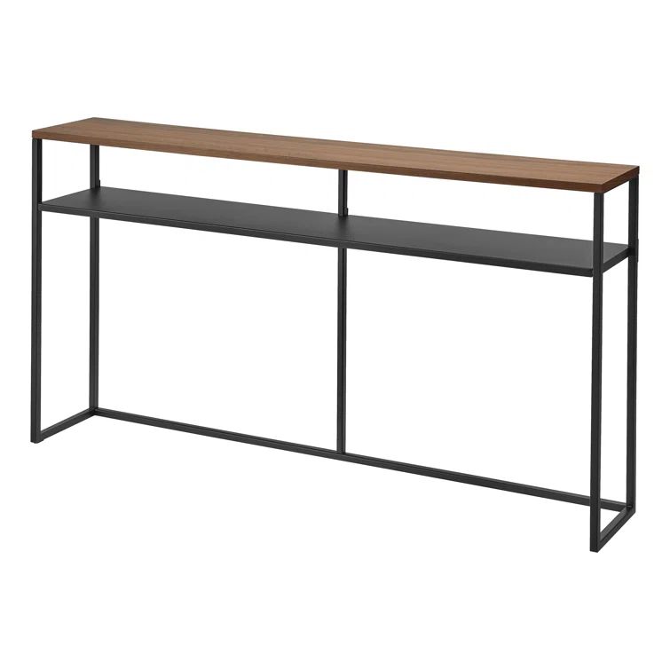 Slim Black Metal Console Table with Wooden Top and Shelf