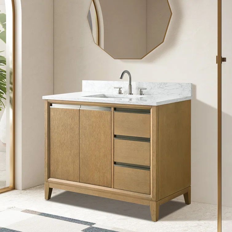 Natural Oak Single Sink Bathroom Vanity with Marble Top